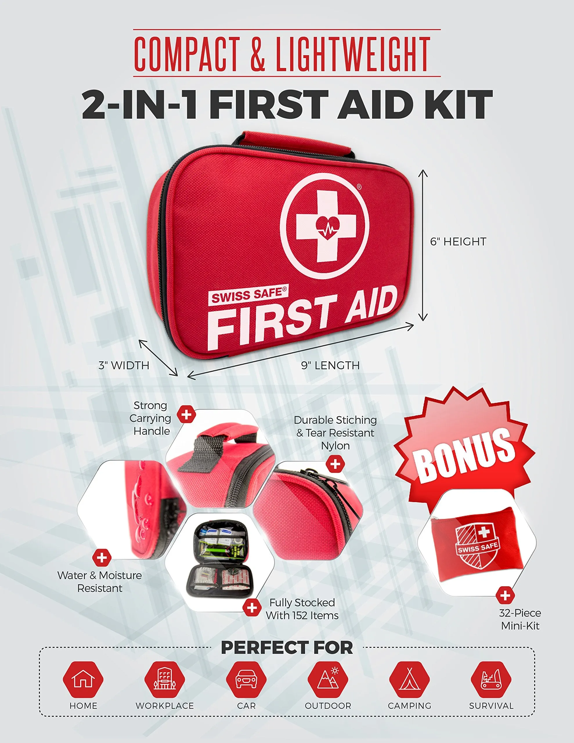 Swiss Safe 2-in-1 First Aid Kit (120 Piece)   Bonus 32-Piece Mini First Aid Kit: Compact, Lightweight for Emergencies at Home, Outdoors, Car, Camping, Workplace, Hiking & Survival